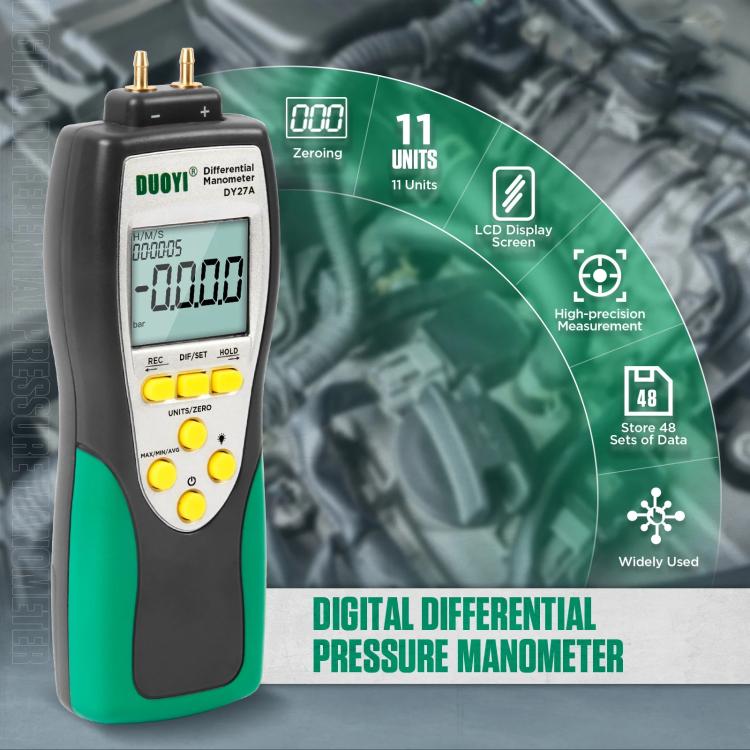 Handheld digital differential pressure gauge with LCD display and two top brass ports