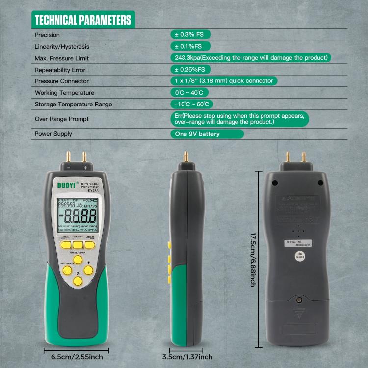 Digital differential pressure gauge shown front, side, and rear with LCD screen and ports