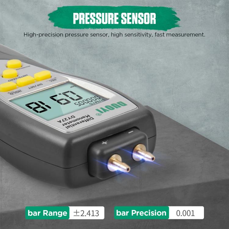 Close-up differential pressure gauge with LCD window and two metal connection ports