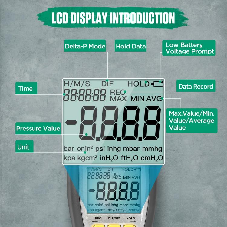 LCD differential pressure gauge display with large numeric readout and mode indicators