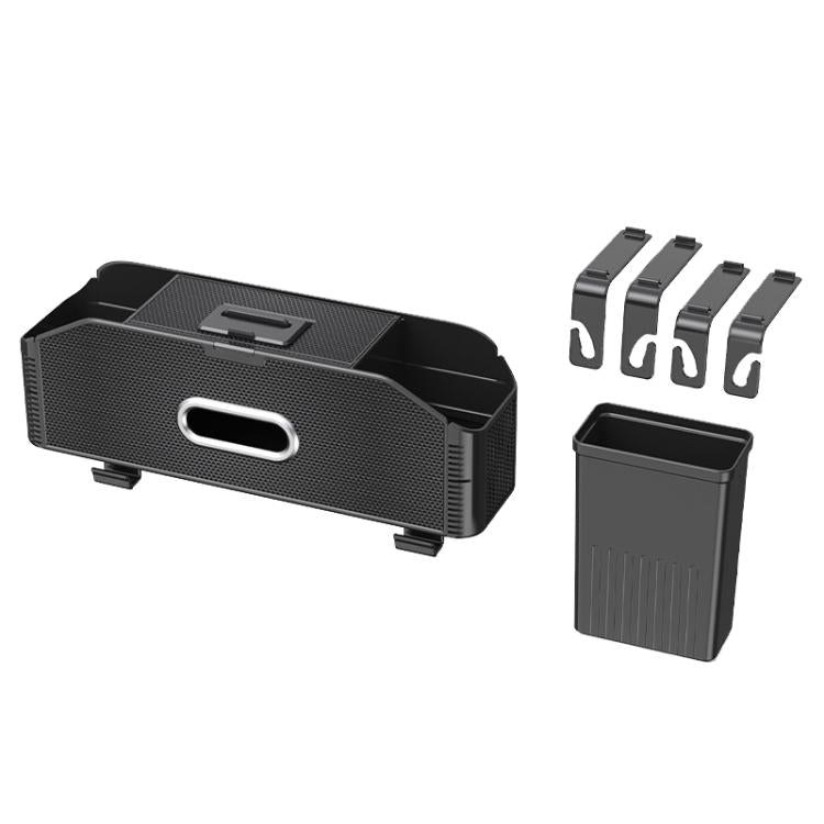 Car seat back storage box pouch with carbon fiber pattern, black finish, phone holder tray