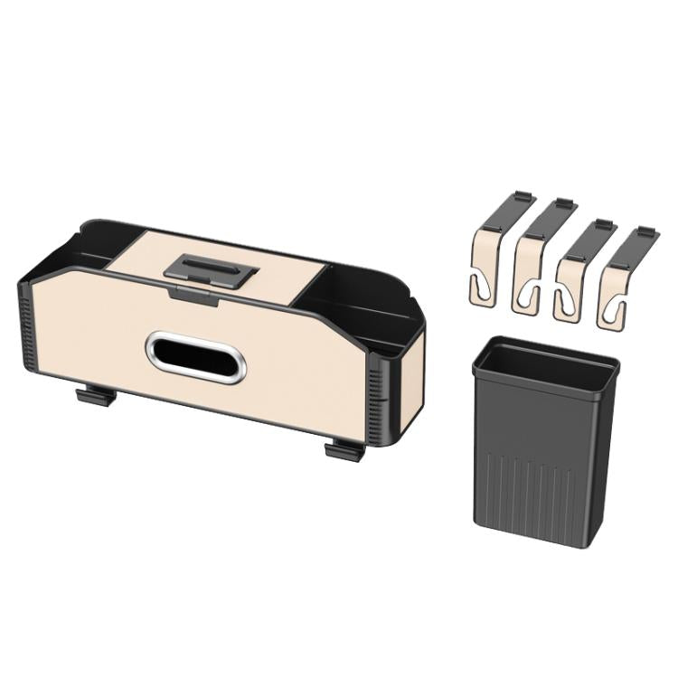 Car seat back storage box with carbon fiber texture, beige finish, phone holder tray and mounting clips