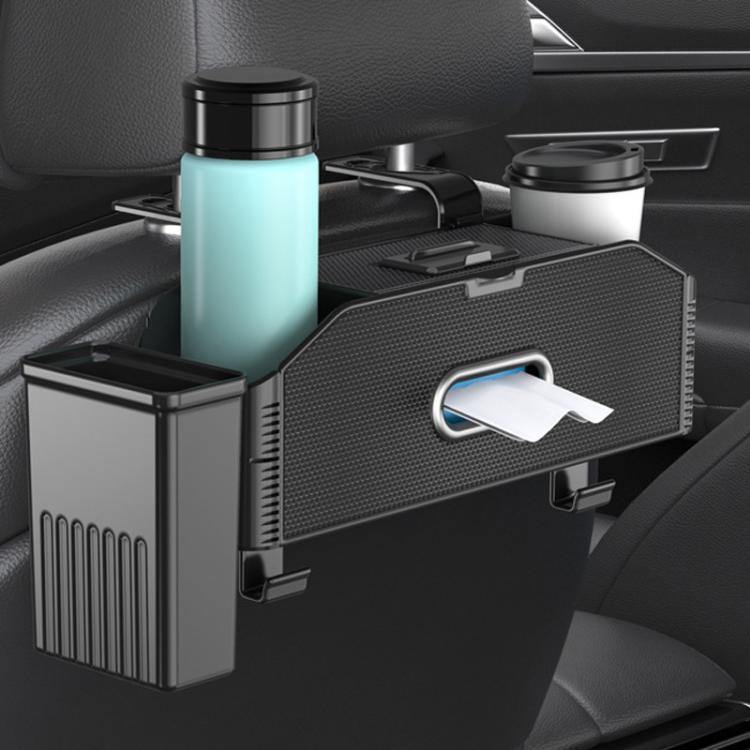 Car seat back storage box pouch on car seat with phone holder and removable trash bin