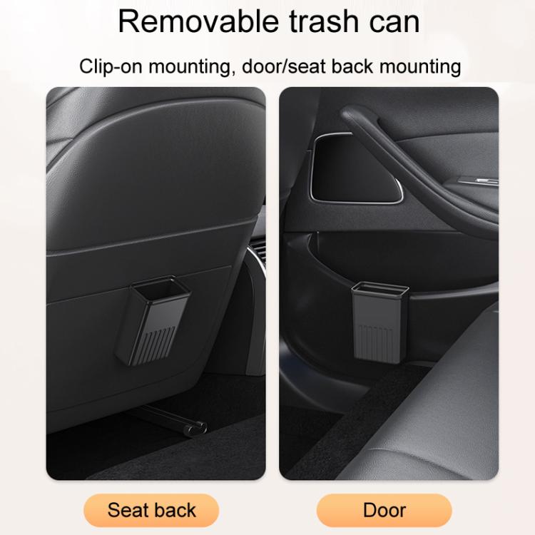 Car seat back trash can storage clip-on mounting for seat back and door installation