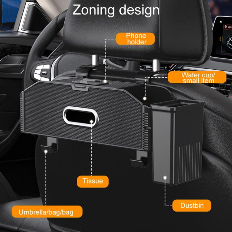 Car seat back storage box pouch with phone holder, carbon-fiber pattern, black