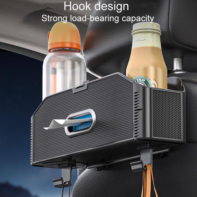 Car seat back storage box pouch with side hook, carbon-fiber pattern, black