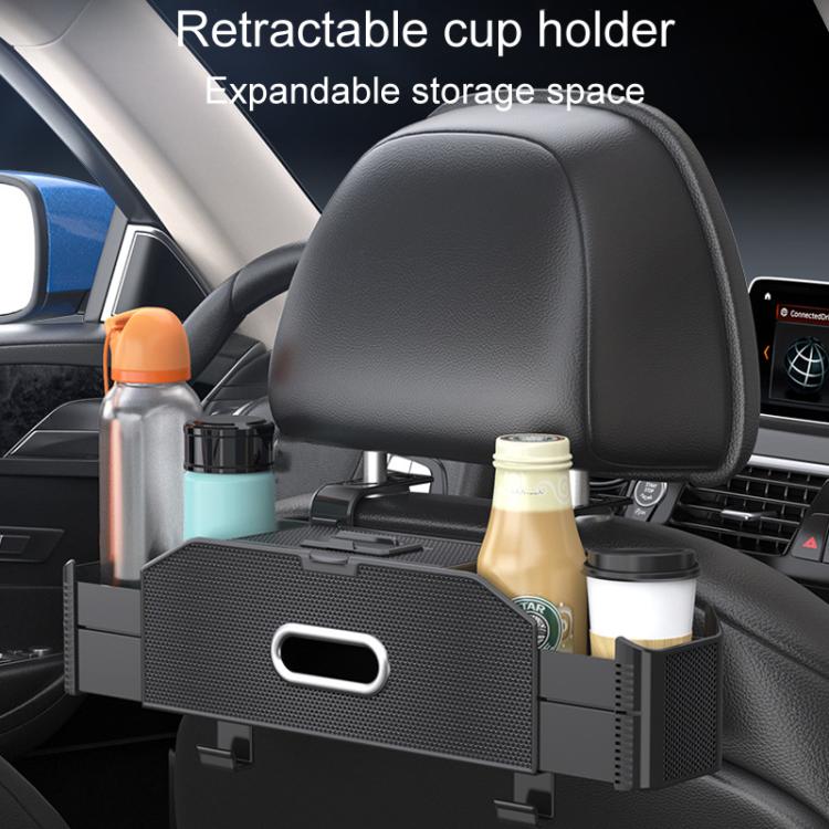 Car seat back storage box pouch with retractable cup holder, carbon-fiber pattern