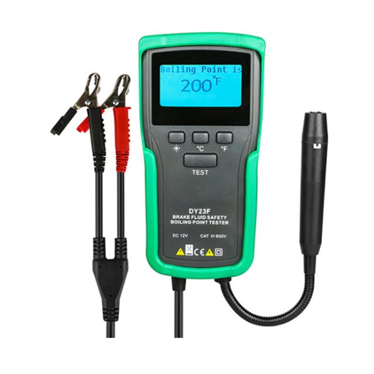 Brake fluid boiling point tester with green handheld display, clips, and probe leads