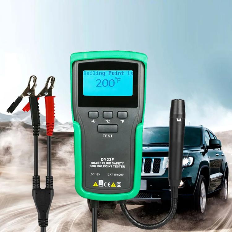 Brake fluid boiling point tester with green casing, probe handle, and connected cable