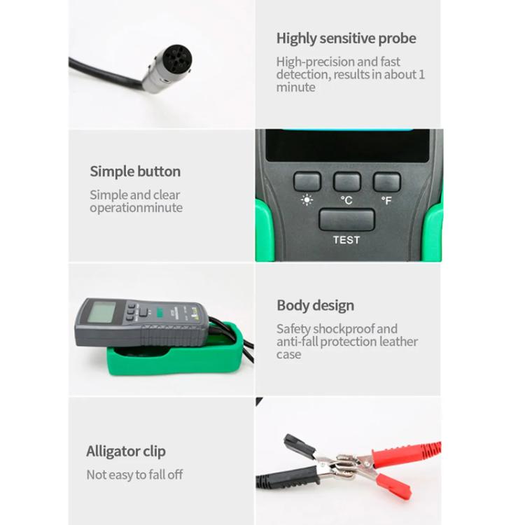 Brake fluid boiling point tester shown with probe, buttons, and alligator clip connection