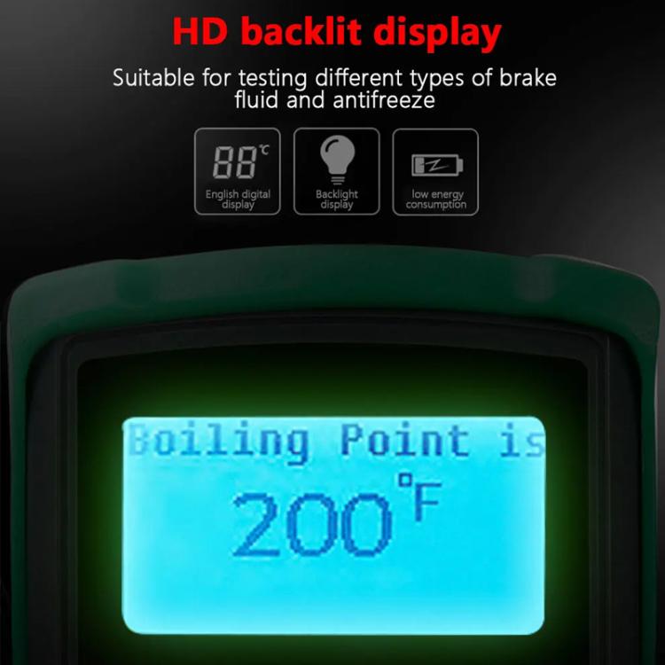 Brake fluid boiling point tester screen showing Boiling Point 200°F