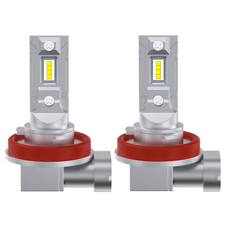 Pair of silver LED headlight bulbs with yellow chips, red ring collar, and side connector