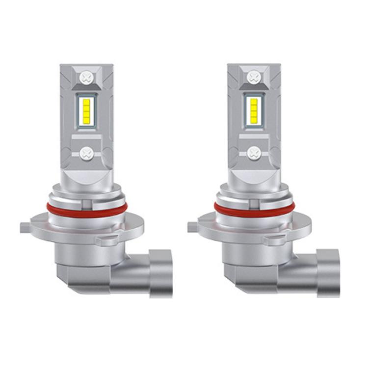 Pair of silver LED headlight bulbs with yellow chips, red ring, and angled side housing