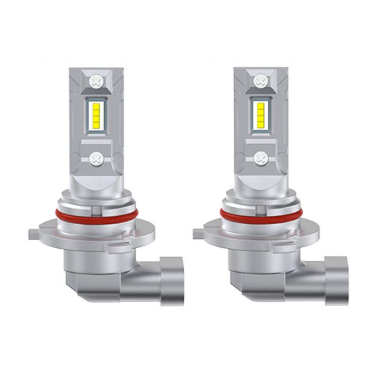 Pair of silver LED headlight bulbs with yellow chips, red ring collar, and angled connectors