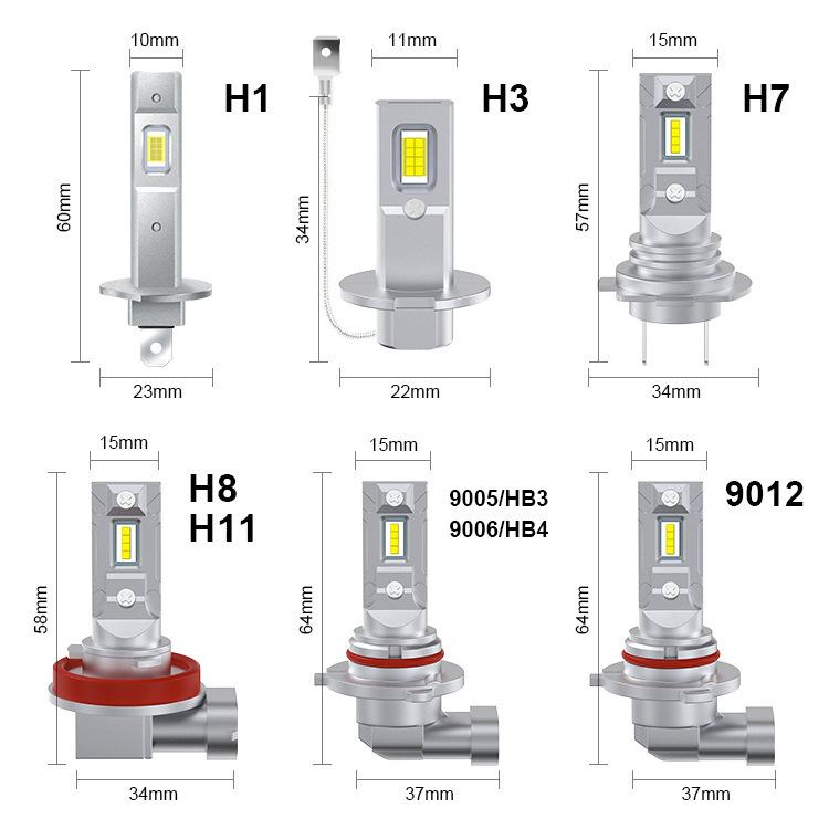 Car LED headlight bulb set with vented housing and yellow LED chip, shown in multiple bases