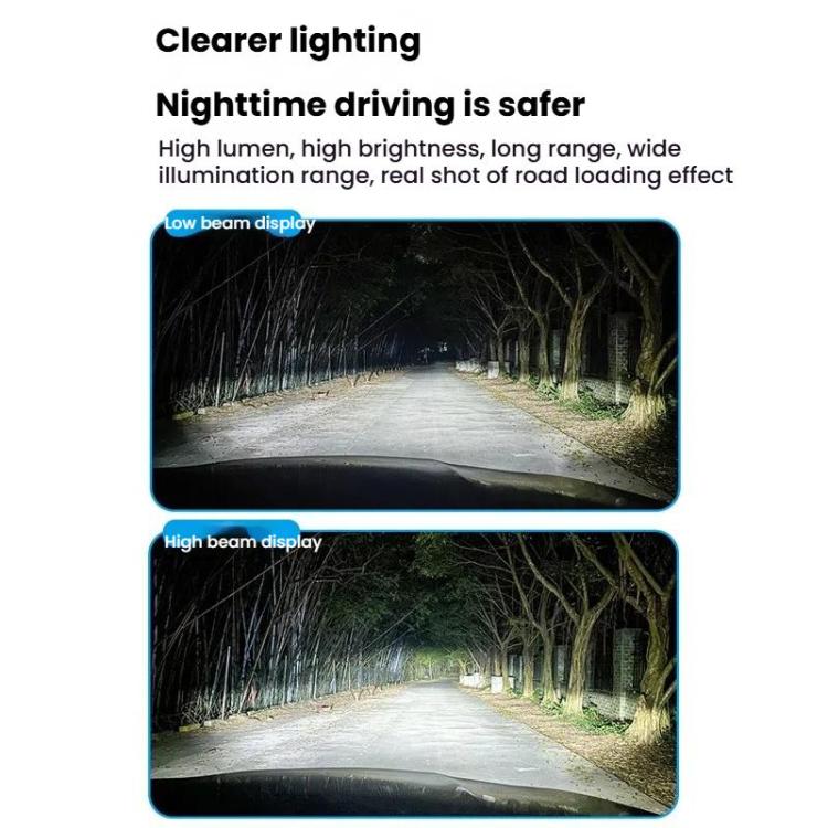 Car LED headlight bulb highlighting long beam and low beam illumination effect outdoors
