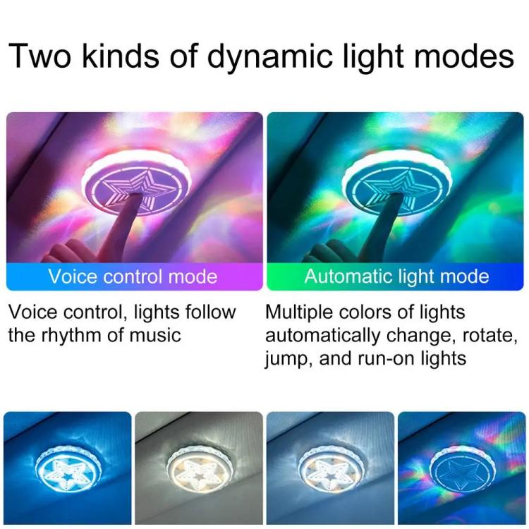 Round LED car decor light with dynamic modes for multicolor star emblem lighting