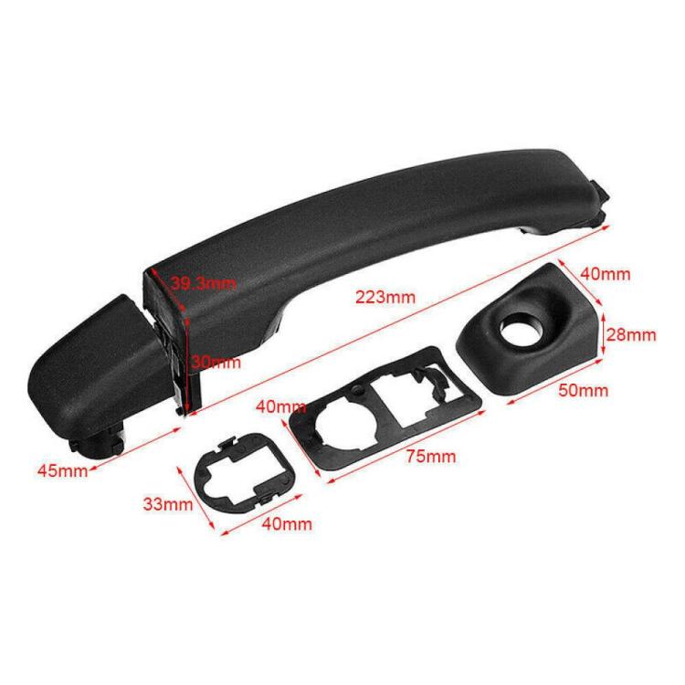 Exterior door handle set, black plastic, curved handle with cap and mounting bracket pieces