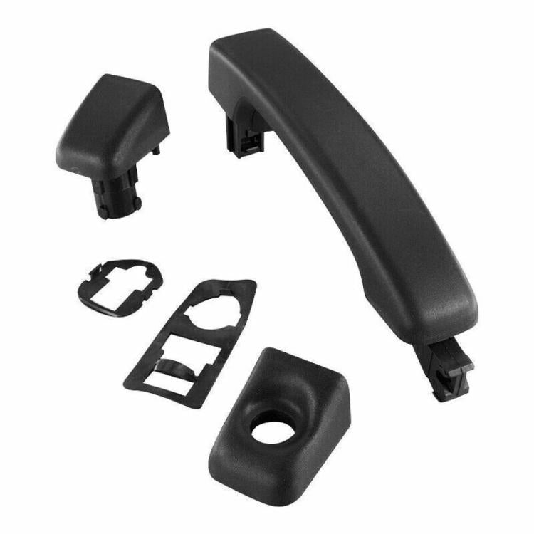 Exterior door handle set, black plastic, curved handle with end caps and mounting covers