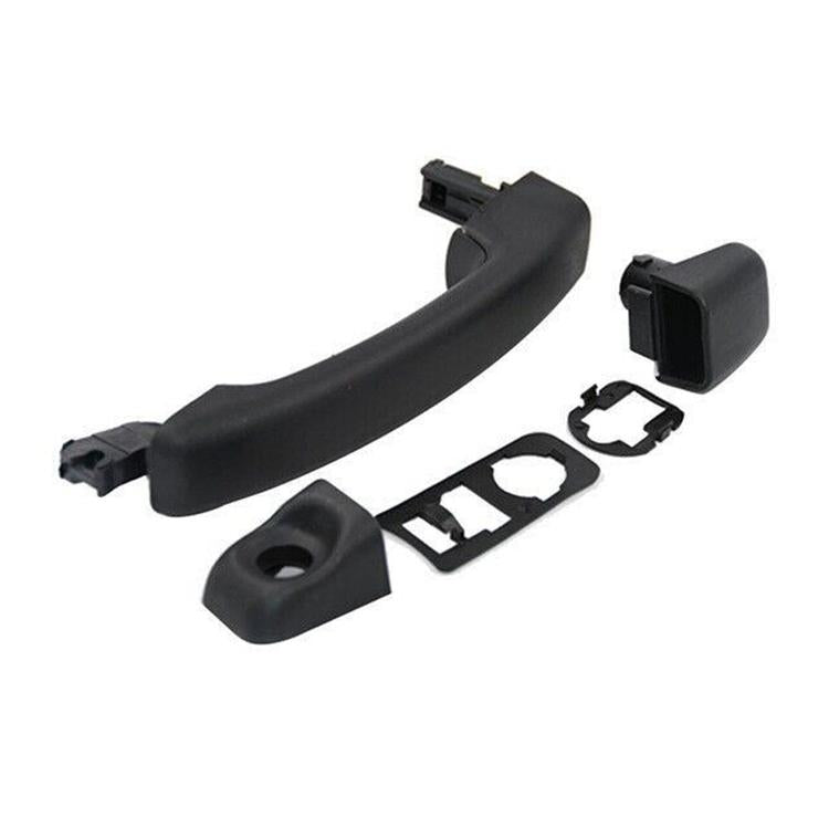 Exterior door handle set, black plastic, curved handle with end cover and mounting brackets