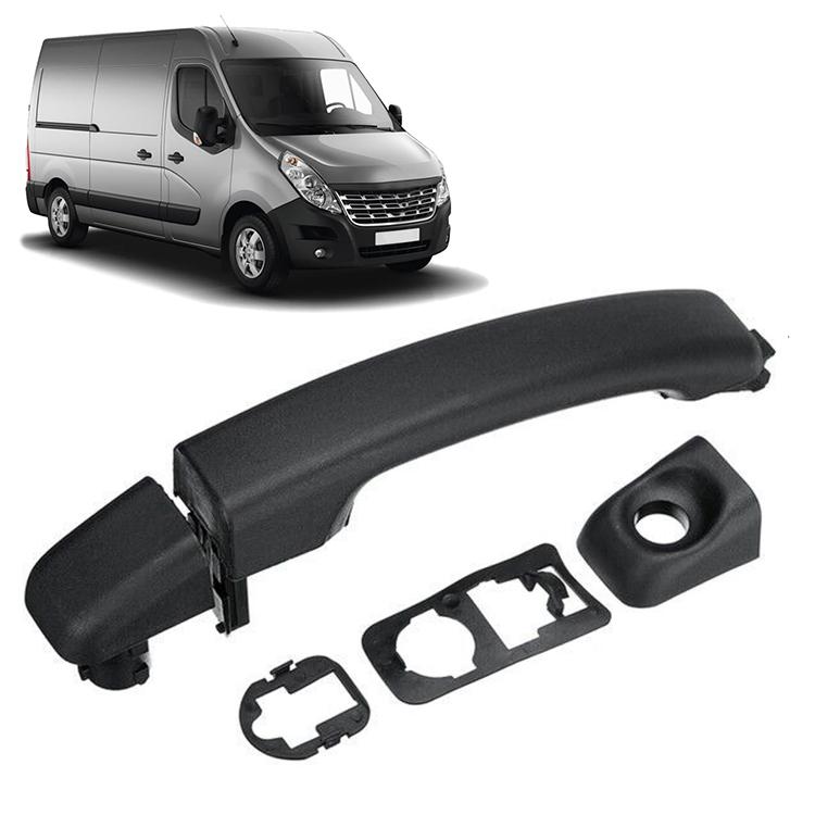 Exterior door handle set, black plastic, curved handle with mounting parts, holderless
