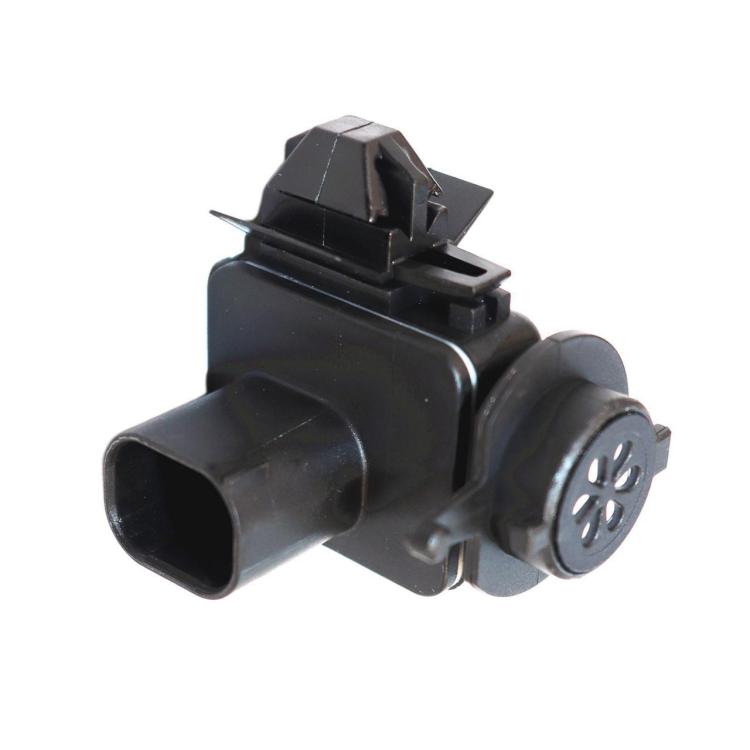 Air quality sensor with side air inlet hose port and circular vent face, black plastic