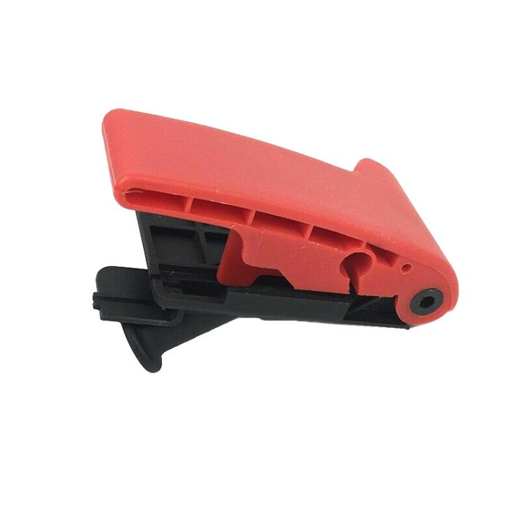 Red engine hood cover opener latch with black housing and round pivot hole