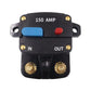 150A car audio circuit breaker switch with blue reset button, red cap, IN/OUT terminals
