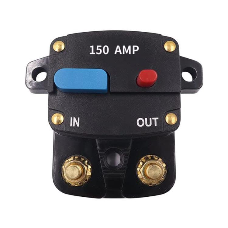 150A car audio circuit breaker switch with blue reset button, red cap, IN/OUT terminals