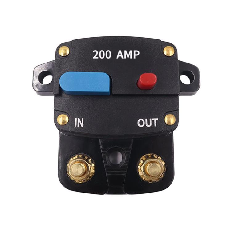 200A car audio circuit breaker switch with blue reset button, red cap, IN/OUT terminals