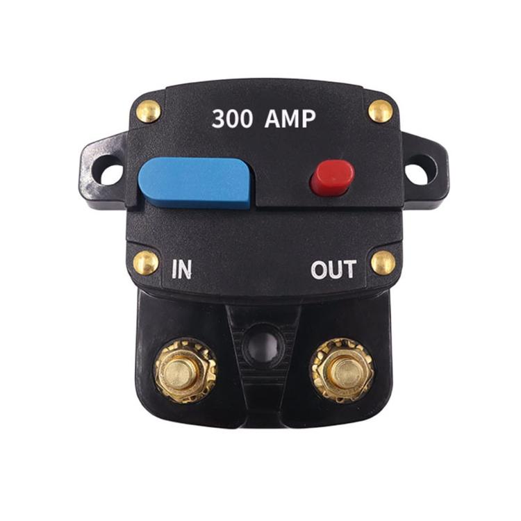 300A car audio circuit breaker switch with blue reset button, red cap, IN/OUT terminals