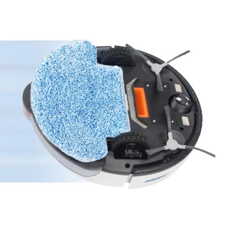 Robot vacuum underside with blue mop pad, side brushes and orange module