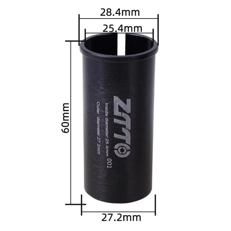 Bicycle seat post conversion sleeve reducer, black cylindrical sleeve with dimension markings