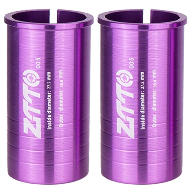 Bicycle seat post conversion sleeve reducers, purple pair of cylindrical covers with open tops