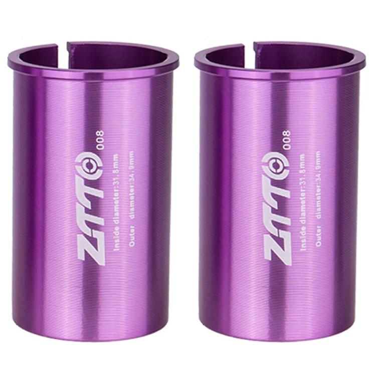 Purple bicycle seat post sleeve reducers (pair) with open center and size marking 008