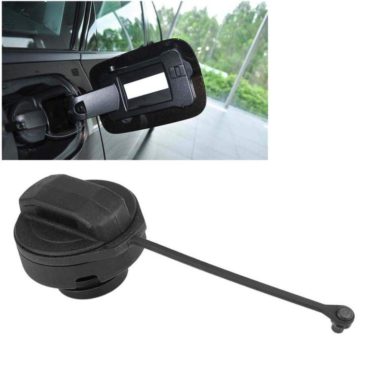 Fuel tank cap with hinged cover and long tether strap for securing