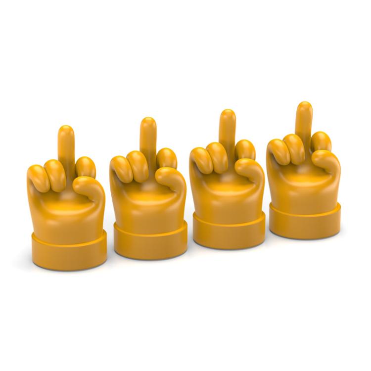 Set of 4 yellow hand-shaped tire valve caps with raised finger gestures
