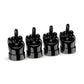 Set of 4 black hand-shaped tire valve caps with raised finger gestures