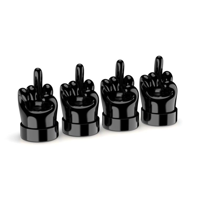 Set of 4 black hand-shaped tire valve caps with raised finger gestures