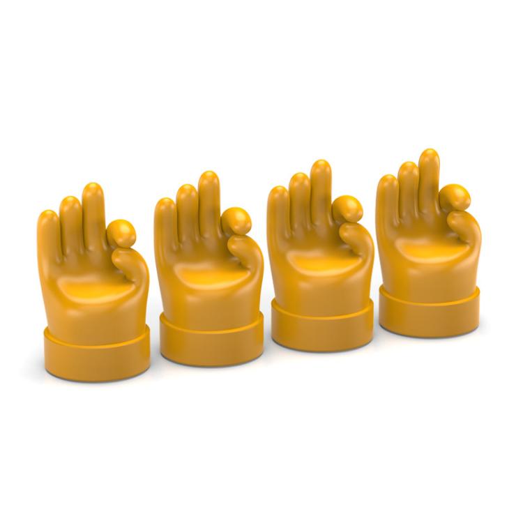 Set of 4 yellow hand-shaped tire valve caps with raised finger gestures