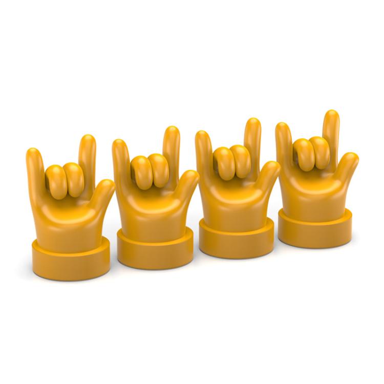 Set of 4 yellow hand-shaped tire valve caps with raised finger gestures