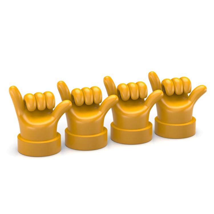 Set of 4 yellow hand-shaped tire valve caps with raised finger gestures