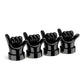 Set of 4 black hand-shaped tire valve caps with raised finger gestures