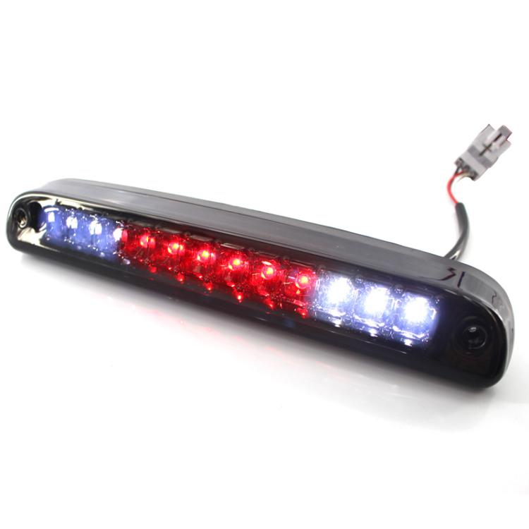 LED high mount brake light with red and blue lens, black housing, with wiring connector