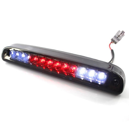 LED high mount brake light with red and blue lens, black housing, with wiring connector
