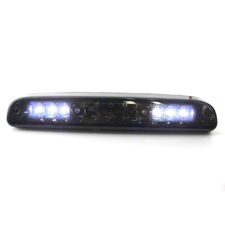 LED high mount brake light bar with blue glow effect through the clear lens, black housing