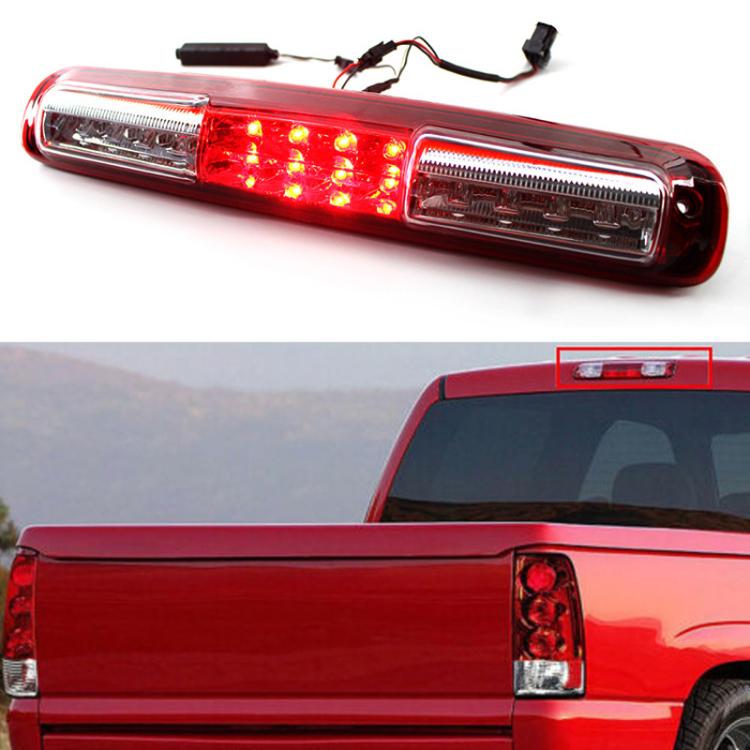 Installed LED third brake light on a red pickup truck with LEDs lit