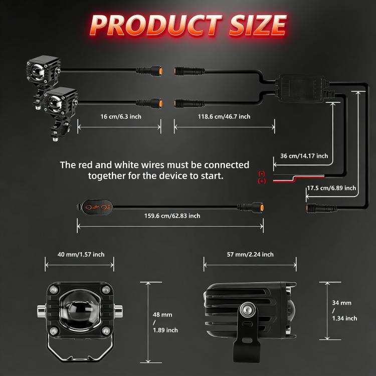 40W Motorcycle Wired Switch Integrated Waterproof Demon Eye Spotlight, Red Light