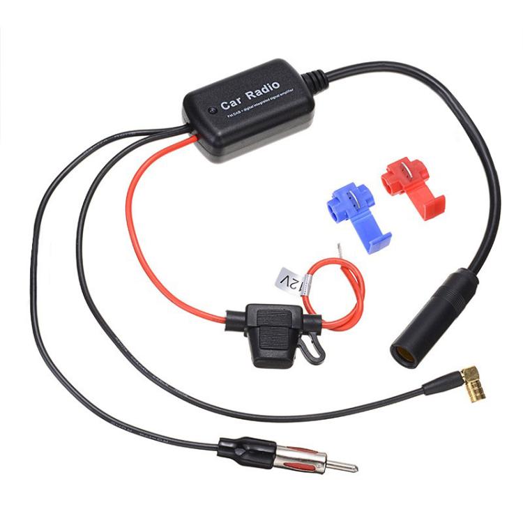 Car radio antenna signal amplifier kit with black module, wires, and coax connectors.