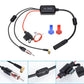 Car radio antenna signal amplifier kit with black module, leads, and gold RF plug.